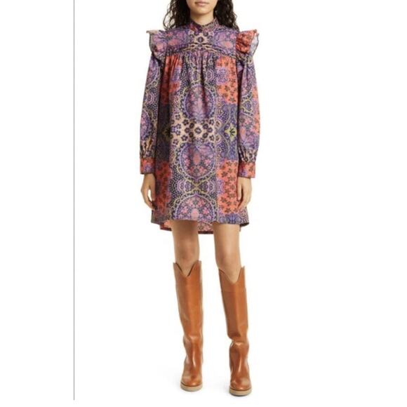 Xirena Dresses & Skirts - Xirena Nyla Floral Ruffle Shoulder Long Sleeve Cotton Dress In Multi Size Small
